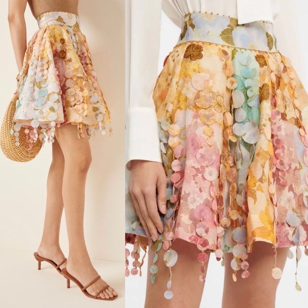 NWOT Zimmermann Tempo Disc Embellishment Chiffon Mini Linen Skirt Size AU 2